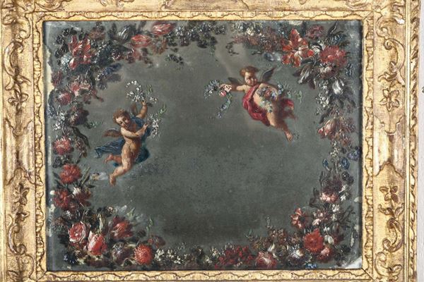 Specchiera in legno dorato con decorazione policroma di ghirlanda floreale e putti, XVIII-XIX secolo