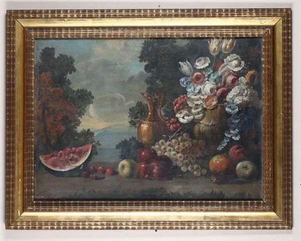 Pittore del XIX secolo Natra morta con fiori e frutta; Natura morta con fiori, frutta e animali