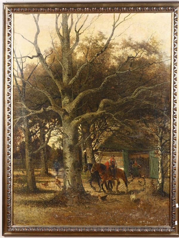 Pittore del XIX secolo Scena campestre con cacciatore, 1883