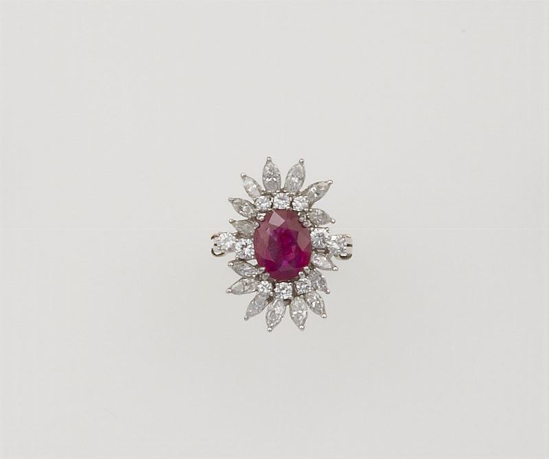 Anello con rubino Burma di ct 2,71 circa, privo di trattamenti termici, diamanti a contorno  - Asta Fine Jewels - Cambi Casa d'Aste