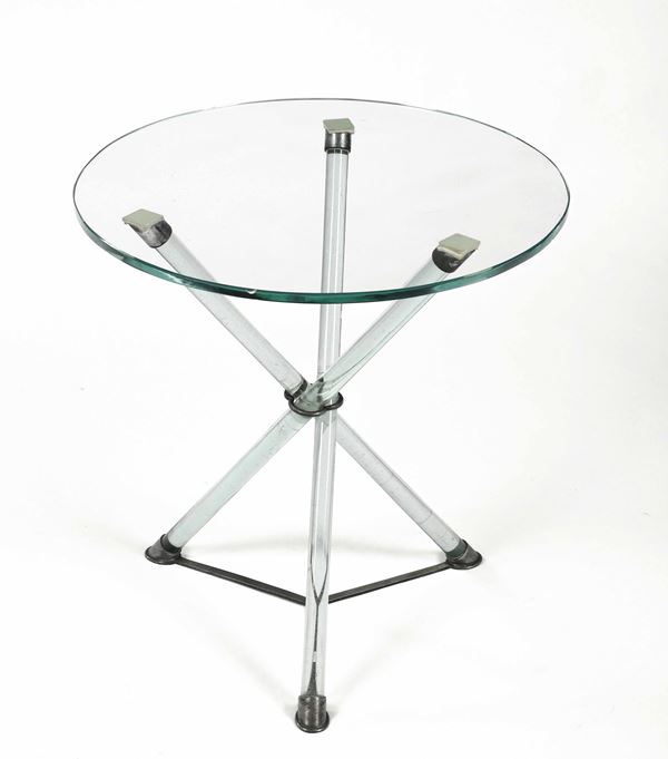 A low table with a plexiglas structure and a glass top. Metal details. Italy, 1970 ca.