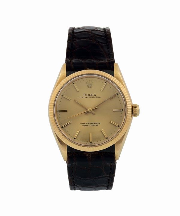 ROLEX, Oyster Perpetual Superlative Chronometer Officially Certified, case No. 1273003, Ref.1005. Fine, 18K yellow gold, self-winding, water resistant wristwatch with original  gold plated buckle. Made circa 1965