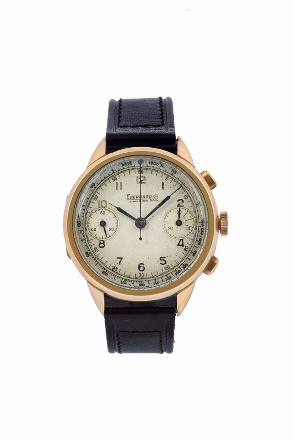 Eberhard & Co., La Chaux-de-Fonds, Suisse, Extra- Fort, movement No. 36344, case No. 11021549. Fine, large,  18K pink gold  wristwatch with olive shaped button chronograph, register and tachometer. Made circa 1940