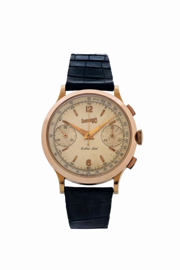 EBERHARD, Extra- Fort, case No. 1033301.  Fine and rare, 18K pink gold wristwatch with square button chronograph, register and tachometer. Made circa 1950