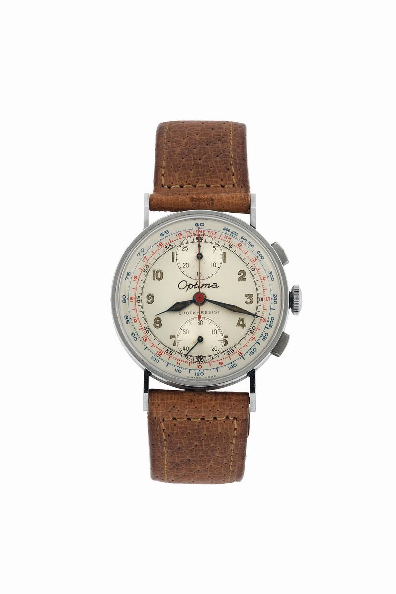 OPTIMA, Ref.1512. Fine, stainless steel, chronograph wristwatch with telemetre and tachometer scale. Made circa 1950  - Auction Watches and Pocket Watches - Cambi Casa d'Aste