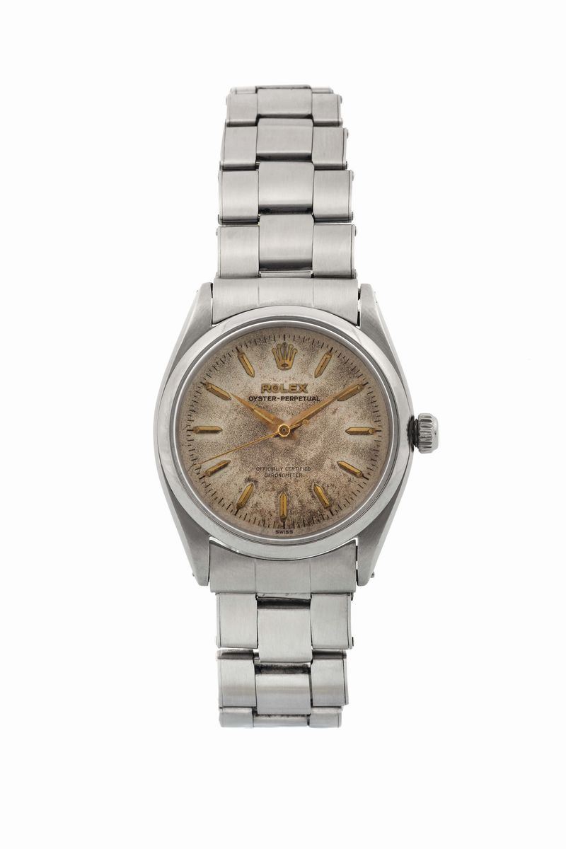 ROLEX, Oyster Perpetual, Officially Certified Chronometer, case No. 189852, Ref. 6564. Fine and rare, center seconds, self-winding, water-resistant, stainless steel wristwatch with a stainless steel Rolex riveted bracelet with deployant clasp. Made circa 1950  - Auction Watches and Pocket Watches - Cambi Casa d'Aste