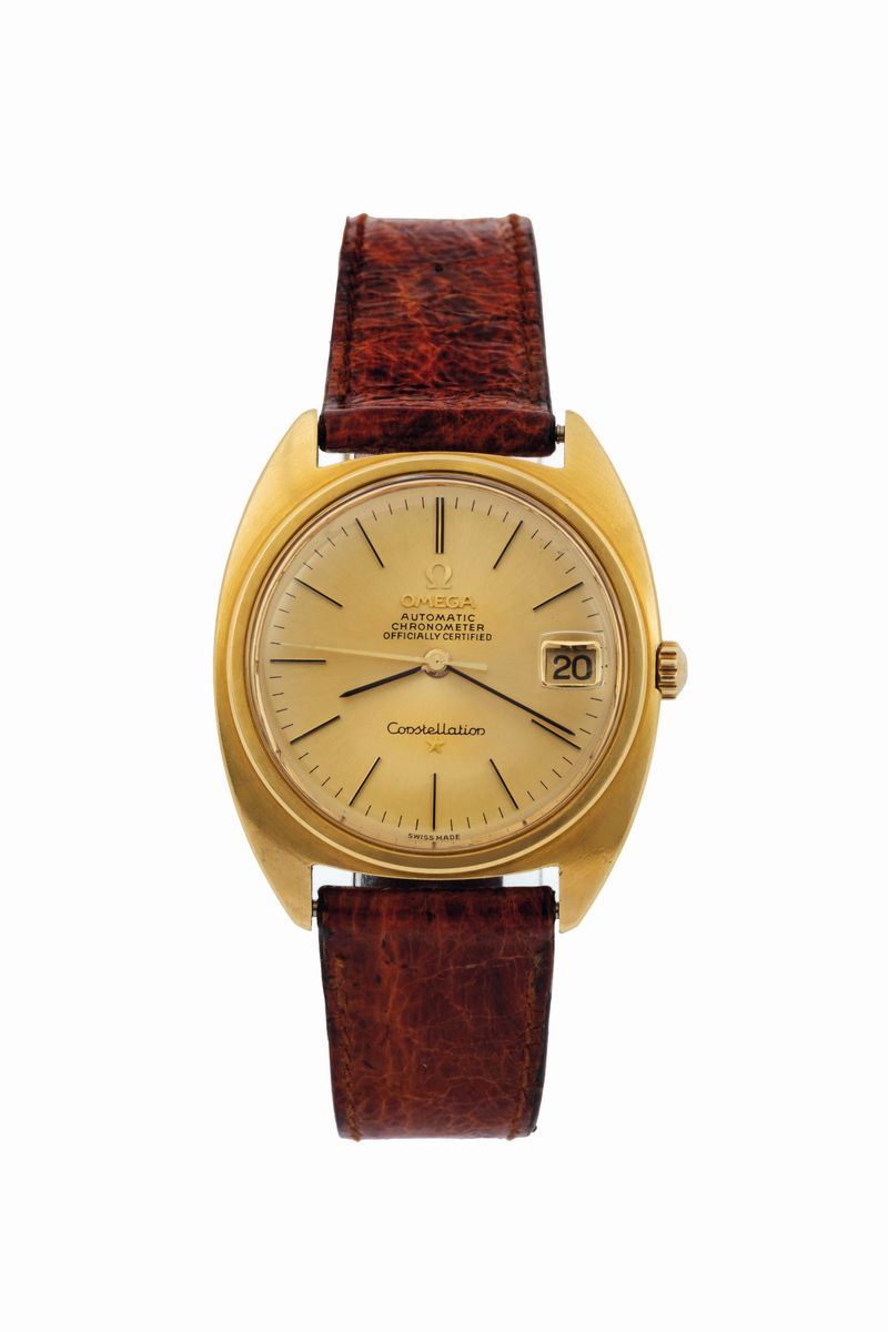 Omega, Constellation, Automatic, Chronometer, Officially Certified,  Ref. 168009. Fine, tonneau-shaped, water-resistant, self-winding, center seconds, 18K yellow gold wristwatch with date and a gold plated Omega buckle. Made circa 1968  - Auction Watches and Pocket Watches - Cambi Casa d'Aste