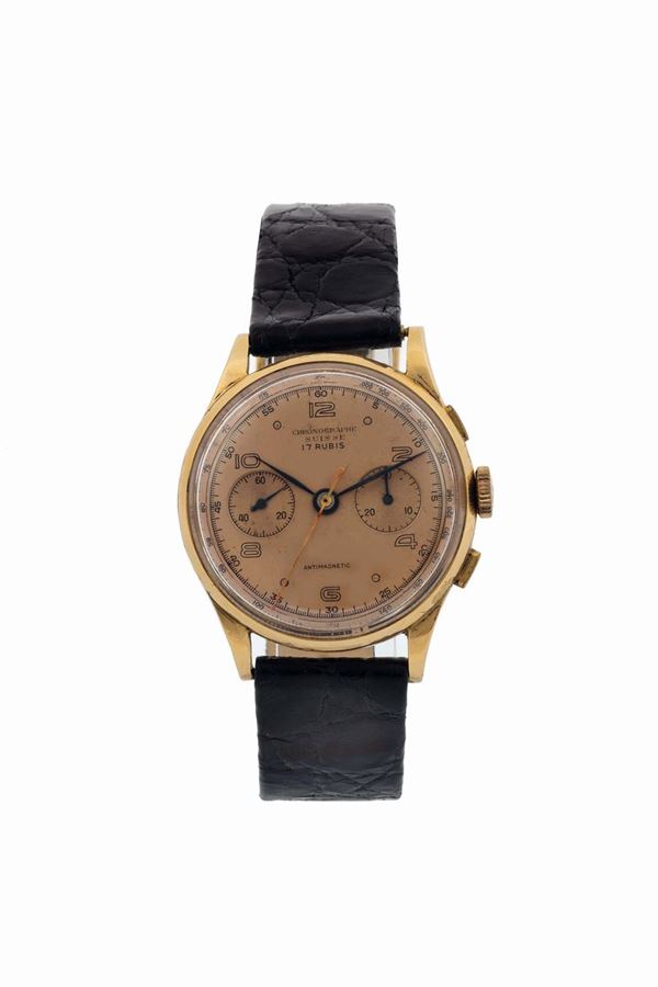 Chronographe, Suisse. Fine, 18K yellow gold wristwatch with chronograph. Made circa 1950