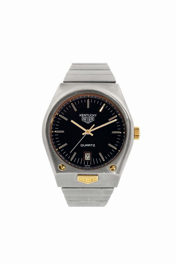 HEUER, Kentucky, QUARTZ, case No. 377270, Ref. 361.705. Fine, tonneau shaped, water resistant, quartz, stainless steel wristwatch with date and a stainless steel Heuer link bracelet with deployant clasp. Made circa 1970