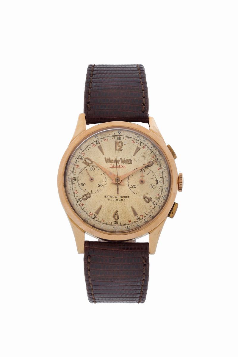 Wonder Watch. Fine, 18K pink gold chronograph wristwatch. Made circa 1950  - Auction Watches and Pocket Watches - Cambi Casa d'Aste
