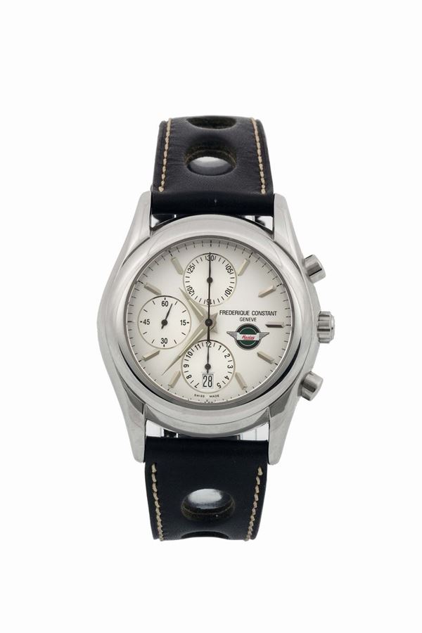 Frederique Constant, Geneve, Rally Healey Chronograph, No. 256/888, stainless steel, water resistant, self-winding chronograph wristwatch with original buckle. Made in 2004 in a limited edition of 888 pieces