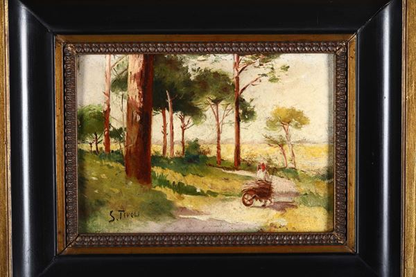 Serafino Tivoli (1826-1892) ambito di Paesaggio con strada, cm 13,5x20