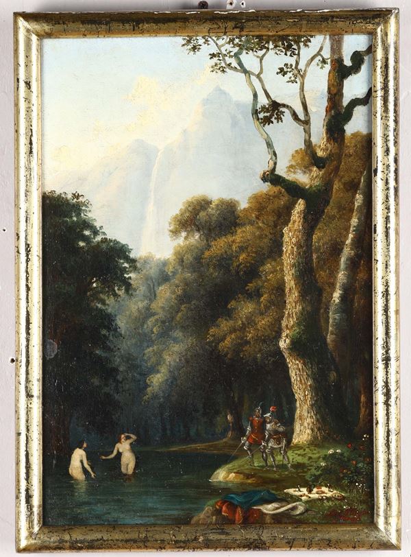 Anonimo del XIX-XX secolo Paesaggio con fanciulle al bagno