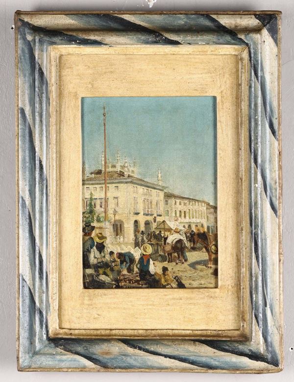 Pittore del XIX-XX secolo Veduta di piazza con mercato