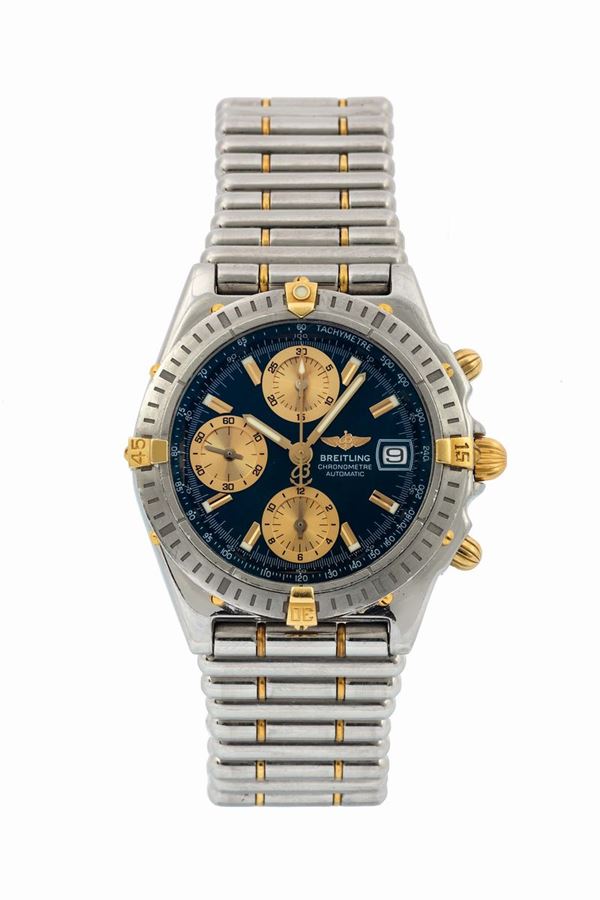 Breitling, Chronomat, 1884, Ref. B 13352 Fine, self-winding, water-resistant, stainless steel and 18K yellow gold wristwatch with date, round button chronograph, registers, tachometer and a stainless steel Breitling rouleaux bracelet with concealed double deployant clasp. Made in the 1990's