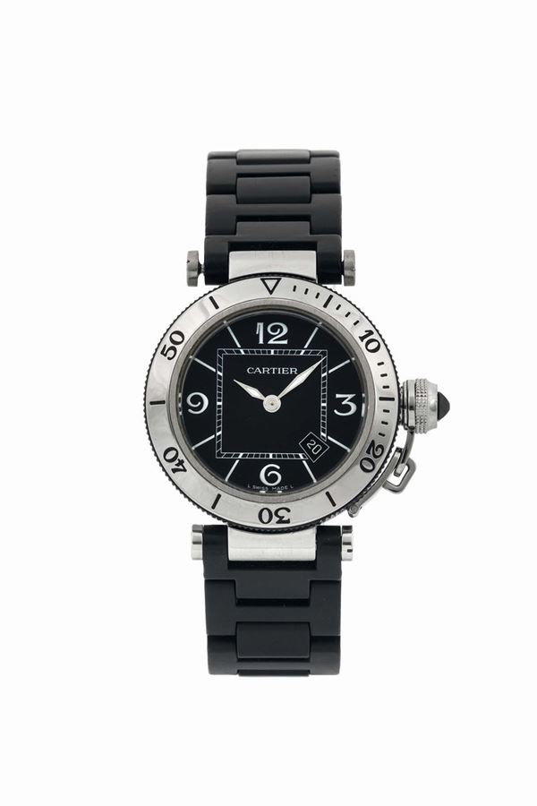 CARTIER, Pasha , Seatimer Date, case No. 260264NX, Ref. 3025. Very fine, center-seconds, water-resistant, stainless steel lady's quartz wristwatch with date and a stainless steel and black rubber Cartier bracelet with concealed deployant clasp.Made in the 2000's.