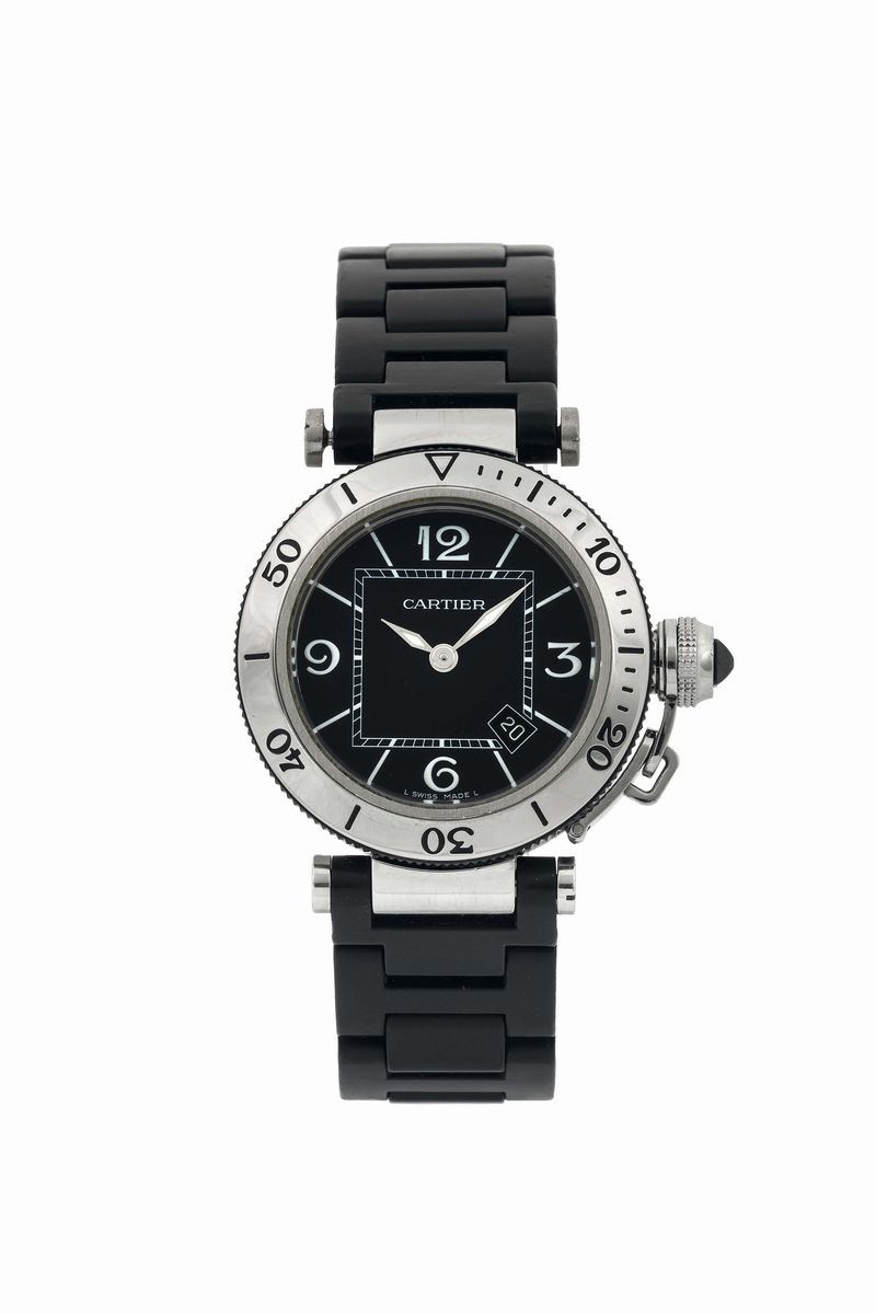 CARTIER, Pasha , Seatimer Date, case No. 260264NX, Ref. 3025. Very fine, center-seconds, water-resistant, stainless steel lady's quartz wristwatch with date and a stainless steel and black rubber Cartier bracelet with concealed deployant clasp.Made in the 2000's.  - Auction Watches and Pocket Watches - Cambi Casa d'Aste