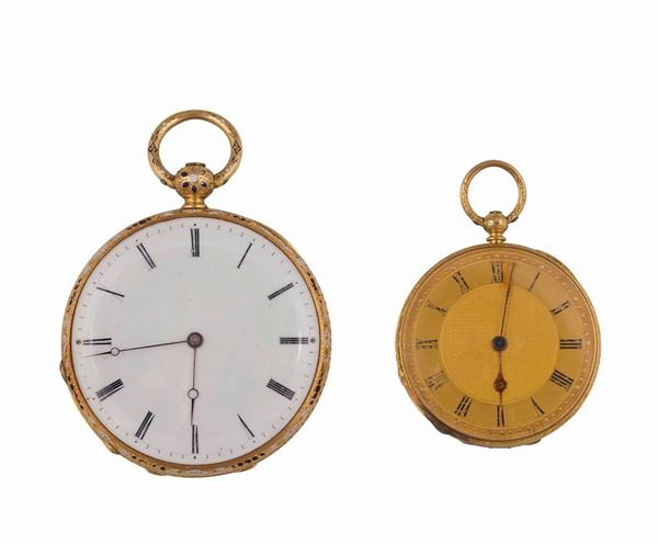 Lotto di due orologi da tasca, in oro giallo e smalti. Realizzati nel 1800 circa