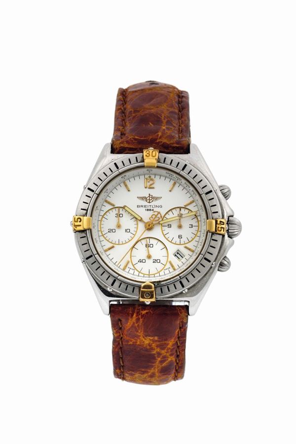 Breitling, Callisto Lady, Ref.B55045. Fine, water resistant, stainless steel and gold chronograph wristwatch with date and an original buckle. Accompanied by the original box and papers. Made circa 1990