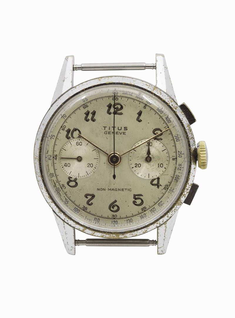 TITUS, orologio da polso, cronografo, in acciaio, carica manuale, con scala tachimetrica. Realizzato nel 1950 circa  - Asta Vintage, Gioielli e Orologi - Cambi Casa d'Aste