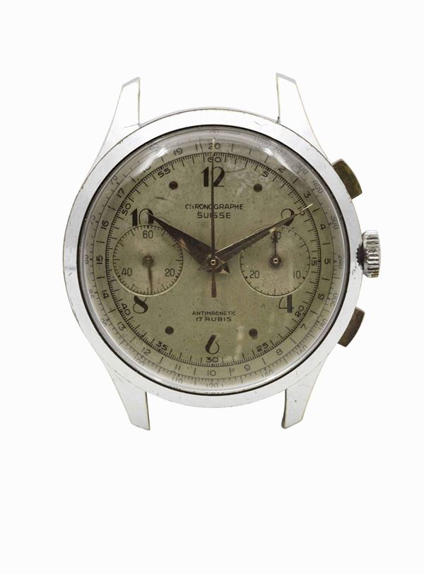 CHRONOSWISS, orologio da polso, in acciaio, cronografo, carica manuale, con scala tachimetrica. Realizzato nel 1950 circa