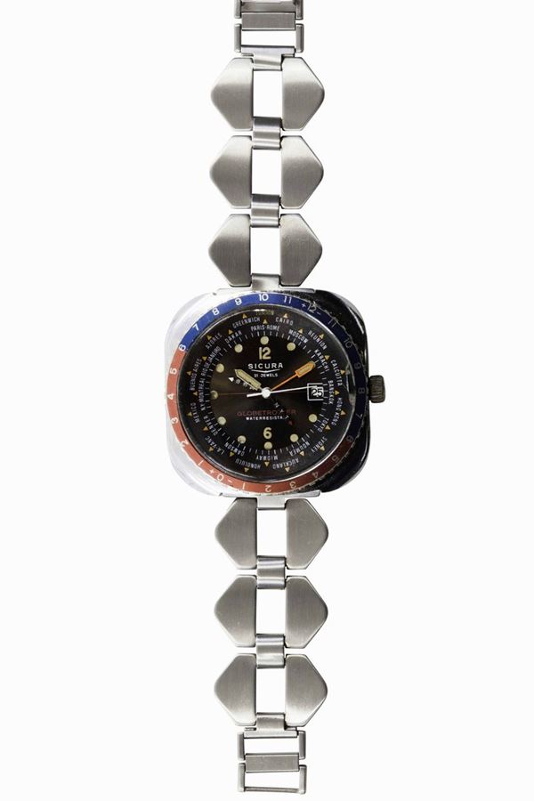 SICURA, Globetrotter, orologio da polso, in acciaio, impermeabile, carica manuale, ore del mondo, con datario. Realizzato nel 1970 circa