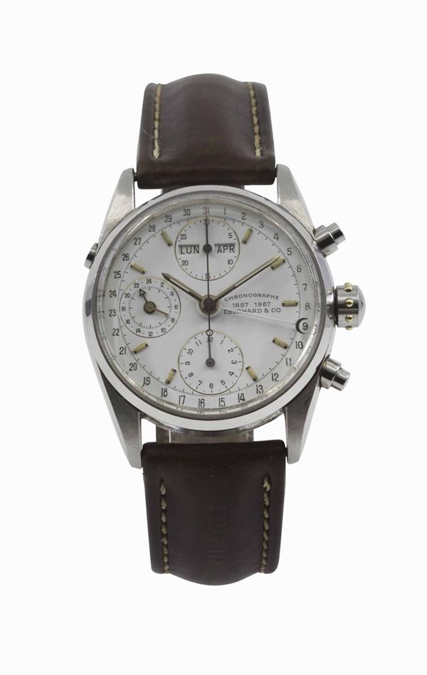 Eberhard Navy Master, orologio da polso, automatico, cronografo, in acciaio con indicazione del giorno, mese, 24 ore. Fibbia in acciaio originale. Realizzato nel 1990 circa