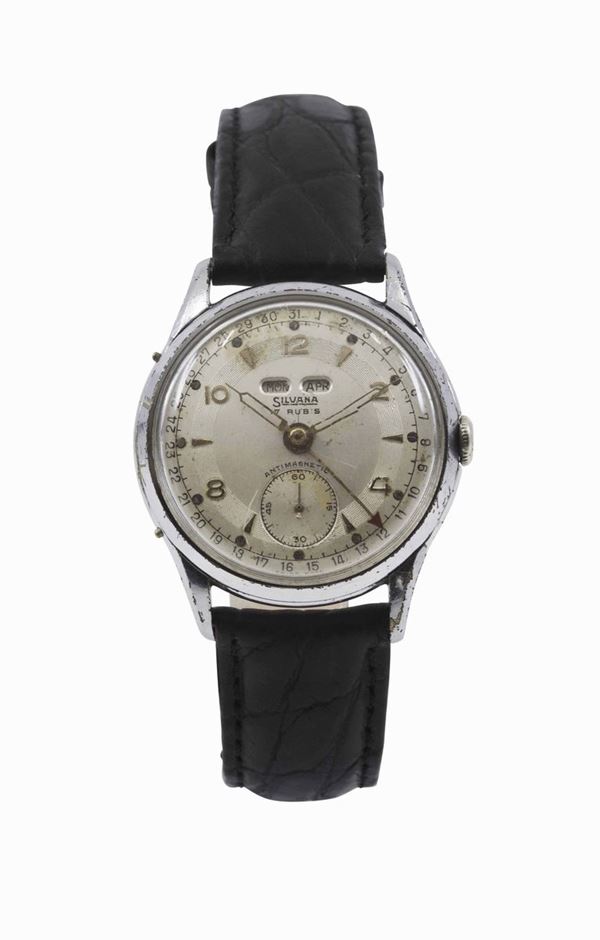 SILVANA, orologio da polso, in acciaio, carica manuale, con indicazione del giorno/mese e calendario. Realizzato nel 1950 circa