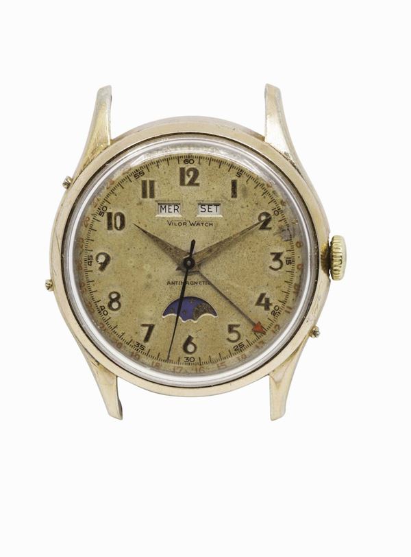 VILOR WATCH, orologio da polso, in acciaio e laminato oro, cronografo, a carica manuale, con triplo calendario e fasi lunari. Realizzato nel 1950 circa