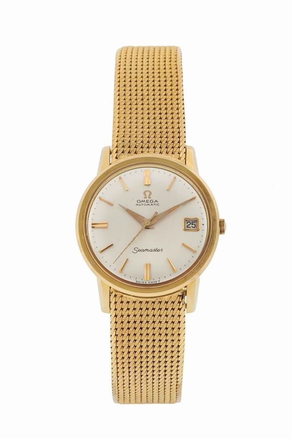 Omega, Seamaster, Automatic, Ref. 2849  Fine and rare, center seconds, self-winding, water-resistant, 18K yellow gold wristwatch with an 18K bracelet with Omega deployant clasp. Made in the 1950's. Accompanied by the original box