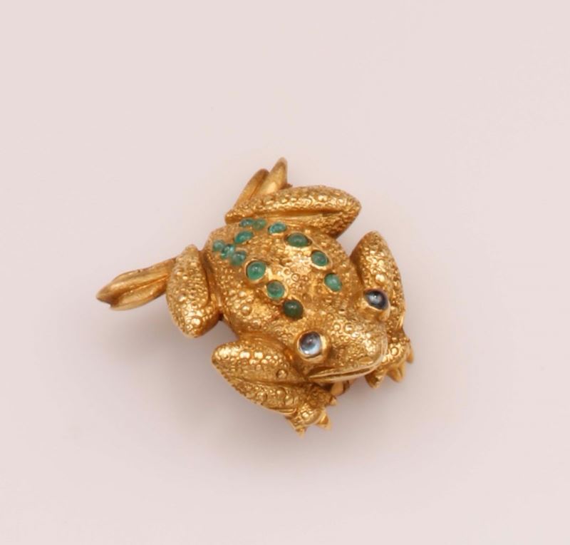 Spilla Ranocchio con smeraldi e zaffiri taglio cabochon  - Auction Vintage, Jewels and Watches - Cambi Casa d'Aste