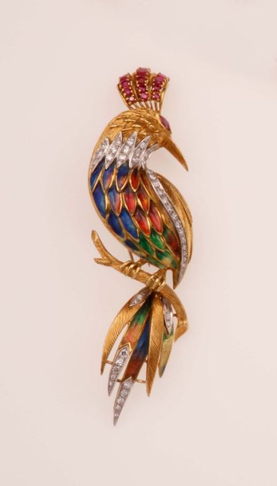 Spilla Uccello del Paradiso con Smalti Policromi, Diamanti e Rubini