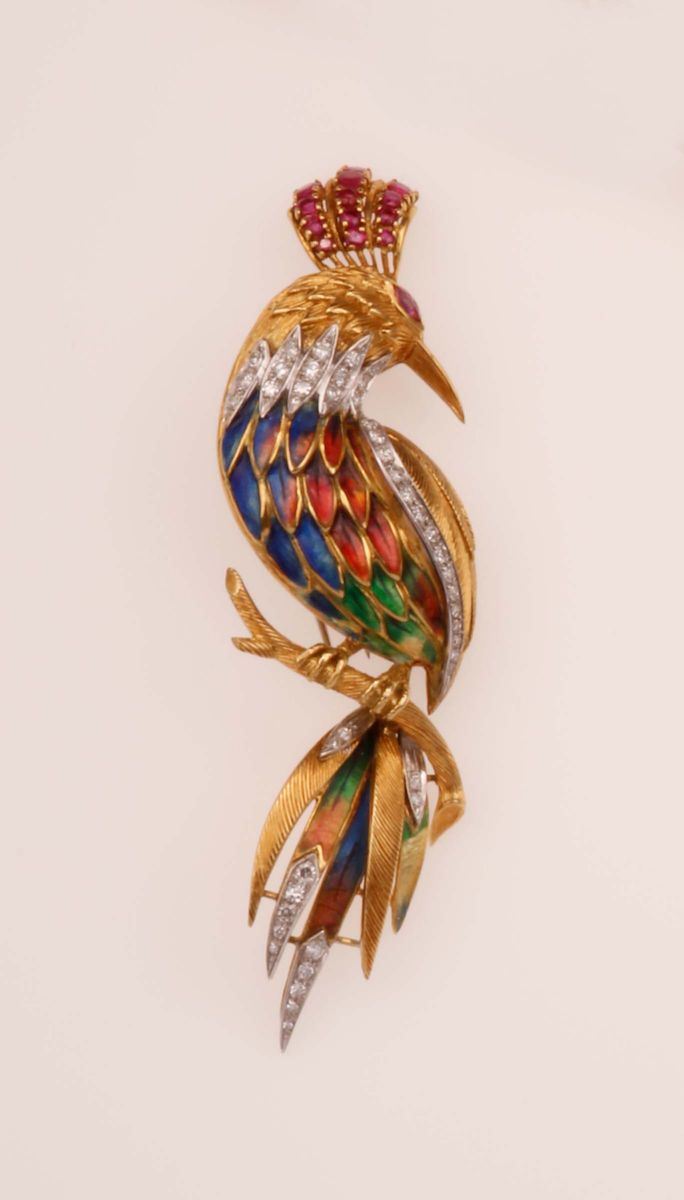 Enamel, diamond and ruby brooch. Designed as a bird of paradise  - Auction Fine Jewels - Cambi Casa d'Aste