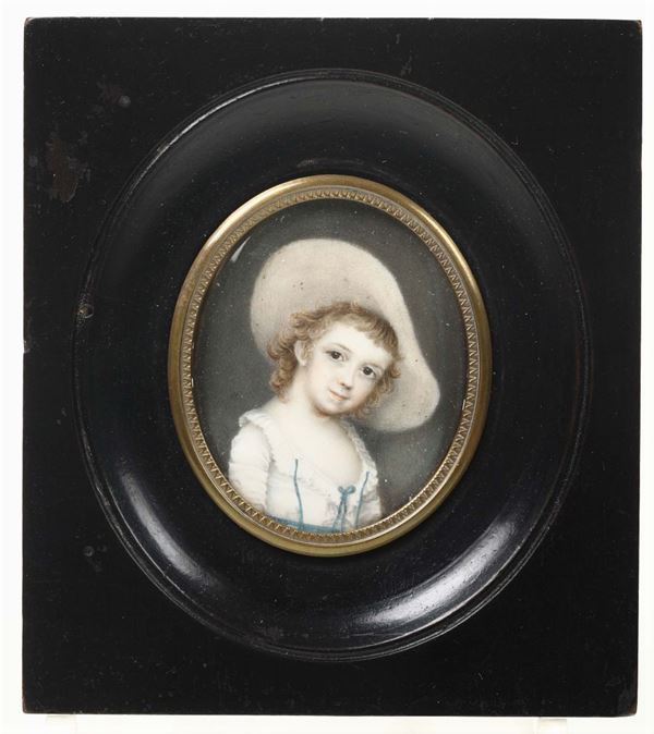 Miniatura su avorio raffigurante bimba con cappello, fine XVIII secolo