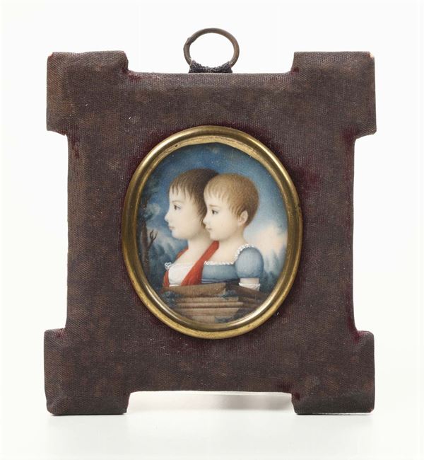 Miniatura su avorio raffigurante due sorelle di profilo a mezzo busto, inizi XIX secolo