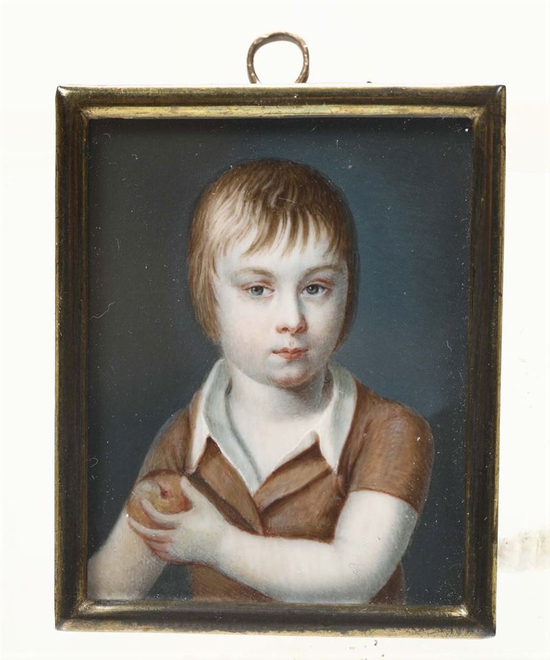Miniatura su avorio raffigurante bambina con mela, prima metà XIX secolo  - Asta Antiquariato - Cambi Casa d'Aste