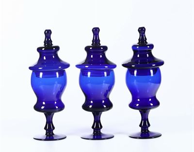 Tre Vasi con Coperchio in Cristallo Blu, XX Secolo