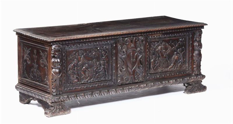 Cassapanca in legno intagliato, XIX secolo  - Asta Antiquariato - Cambi Casa d'Aste