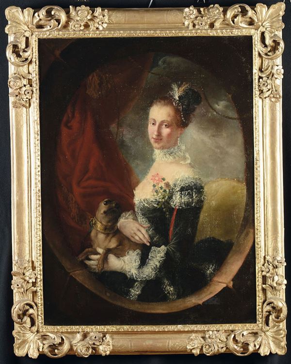Scuola Francese del XVIII secolo Ritratto di dama con cagnolino