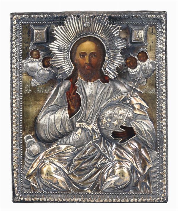 Icona con riza in argento raffigurante Cristo, Russia, Epoca dell’imperatrice Caterina II (La Grande), XVIII secolo