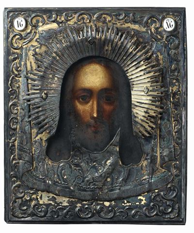 Icona con Volto di Cristo, Russia XIX Secolo Entro Riza in Argento