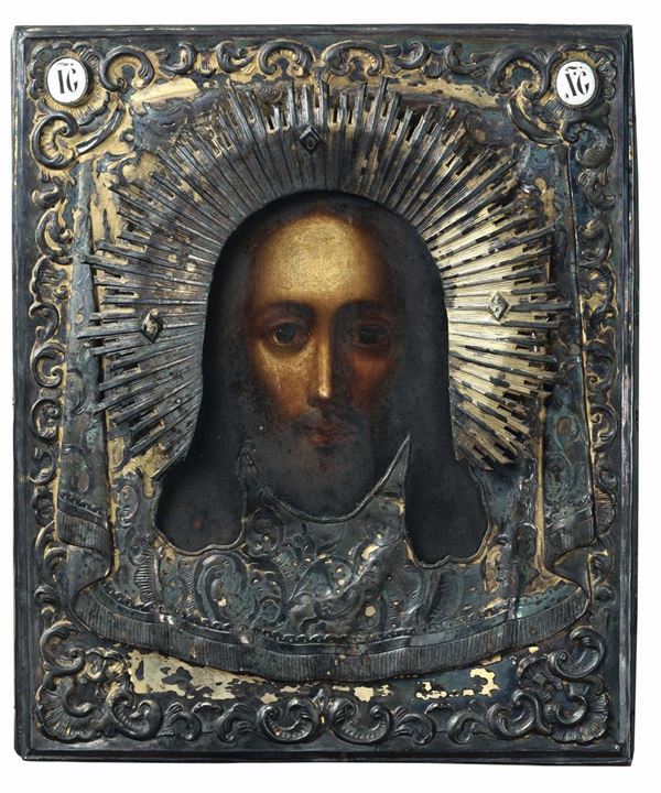 Icona con volto di Cristo, Russia XIX secolo entro riza in argento