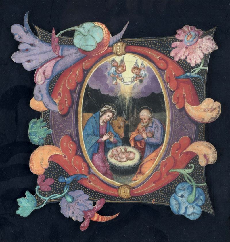 Capolettera su pergamena con natività, XVI secolo  - Auction Fine Art - Cambi Casa d'Aste