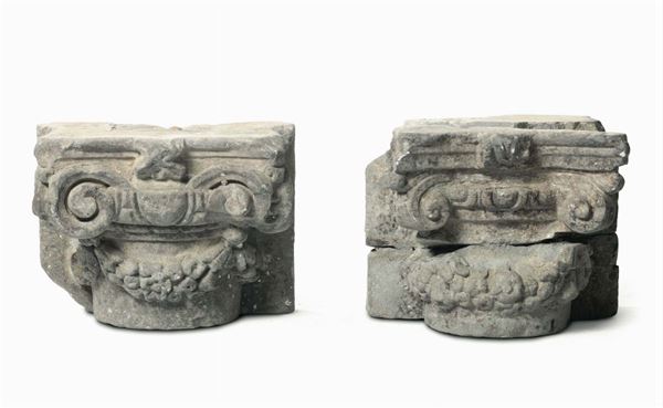 Due semi capitelli in pietra, lapicida operante nell’Italia centrale nel XVI secolo