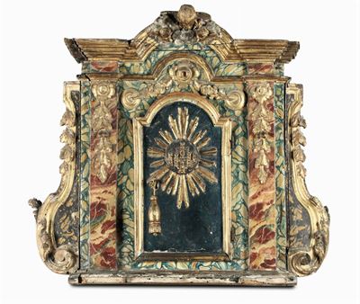 Sportello di Ciborio in Legno Intagliato, Dipinto e Dorato, XVIII Secolo