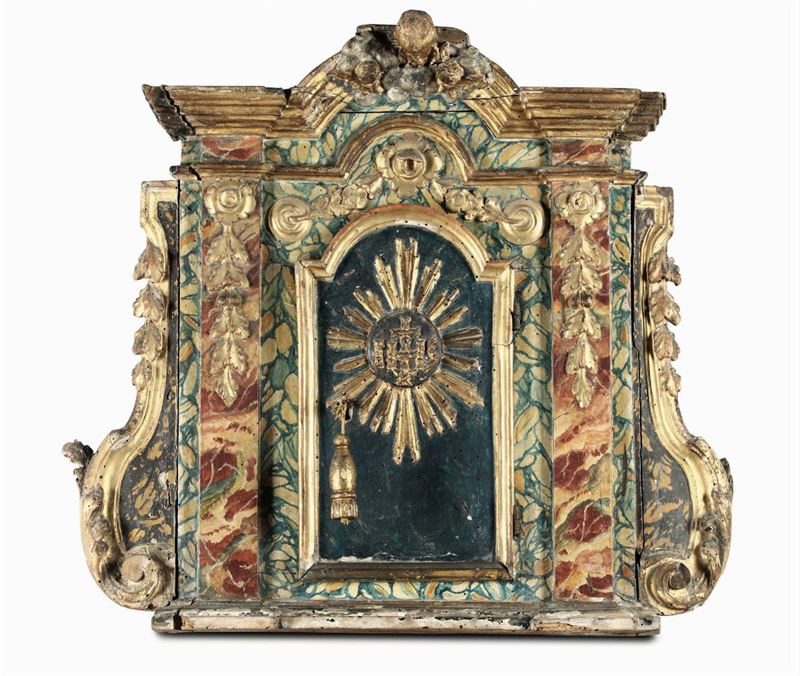 Sportello di ciborio in legno intagliato, dipinto e dorato, XVIII secolo  - Asta Antiquariato - Cambi Casa d'Aste