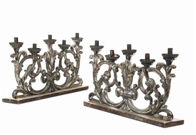 Coppia di Porta Candele in Legno Argentato a Sei Luci, XVIII-XIX Secolo