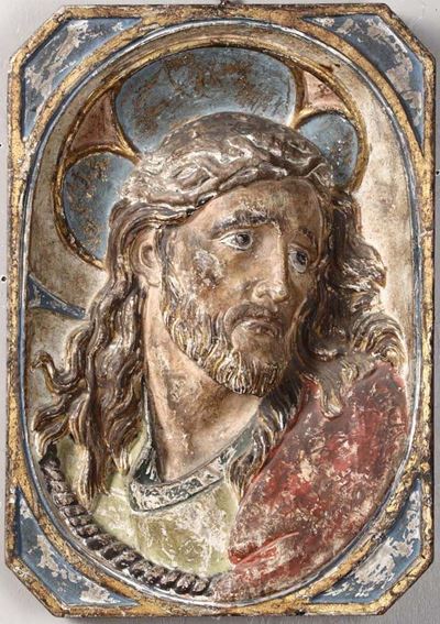 Altorilievo in Legno Dipinto Raffigurante Volto di Cristo, Scultore Italiano, Probabile XIX Secol...
