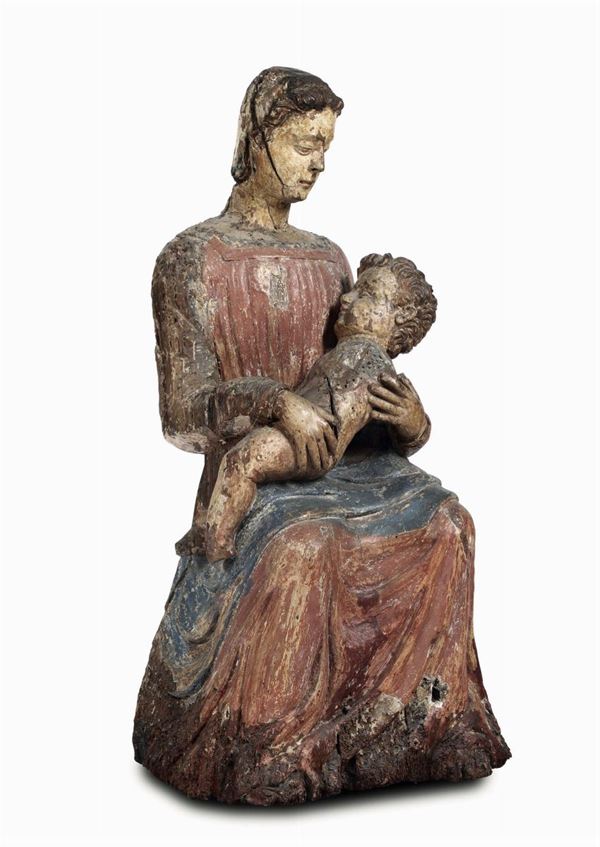 Madonna con Bambino in legno scolpito e dipinto, scultore rinascimentale attivo in Italia centrale tra il XV-XVI secolo