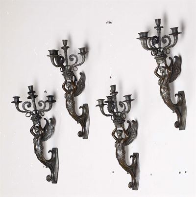 Quattro Appliques a Quattro Fiamme in Bronzo con Cariatidi Alate, XIX Secolo